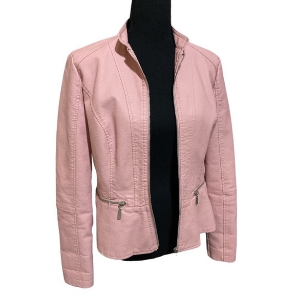 BACCINI SOFT PINK Faux Leather Hourglass Moto Jacket Blazer Women’s Size Small - Picture 2 of 6